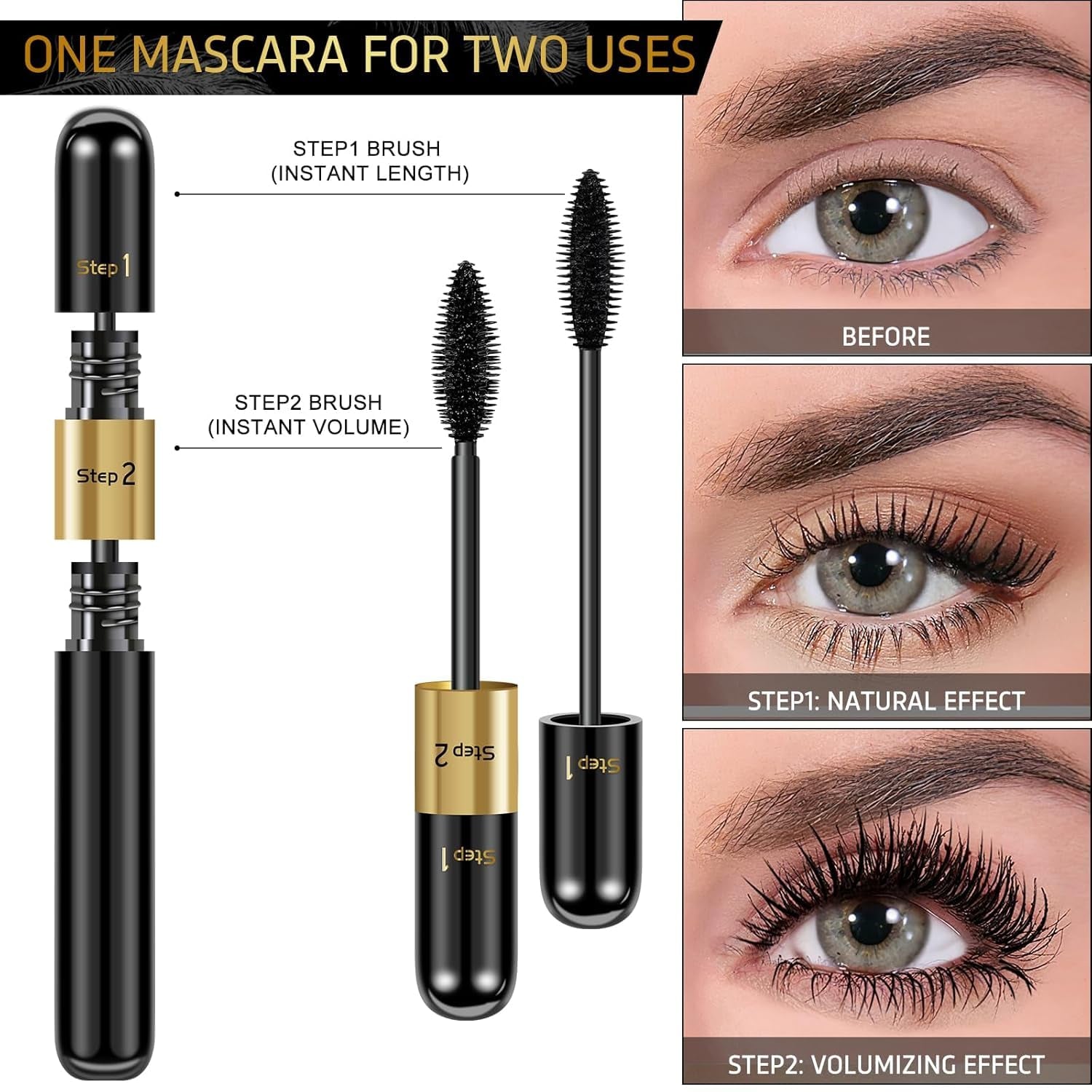 2PCS Mascara Makeup,Waterproof Mascara,Mascara Black Volume and Length Dual-Effect 4D Mascara 2-In-1 Slim Long Curl Thick and Non-Smudge-Proof Mascara, Thick Curl