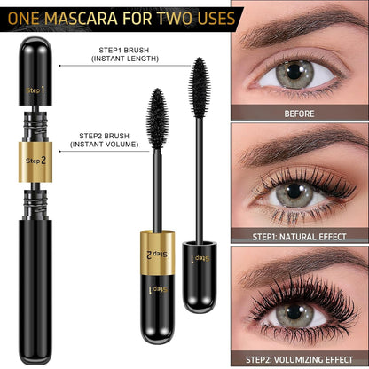 2PCS Mascara Makeup,Waterproof Mascara,Mascara Black Volume and Length Dual-Effect 4D Mascara 2-In-1 Slim Long Curl Thick and Non-Smudge-Proof Mascara, Thick Curl